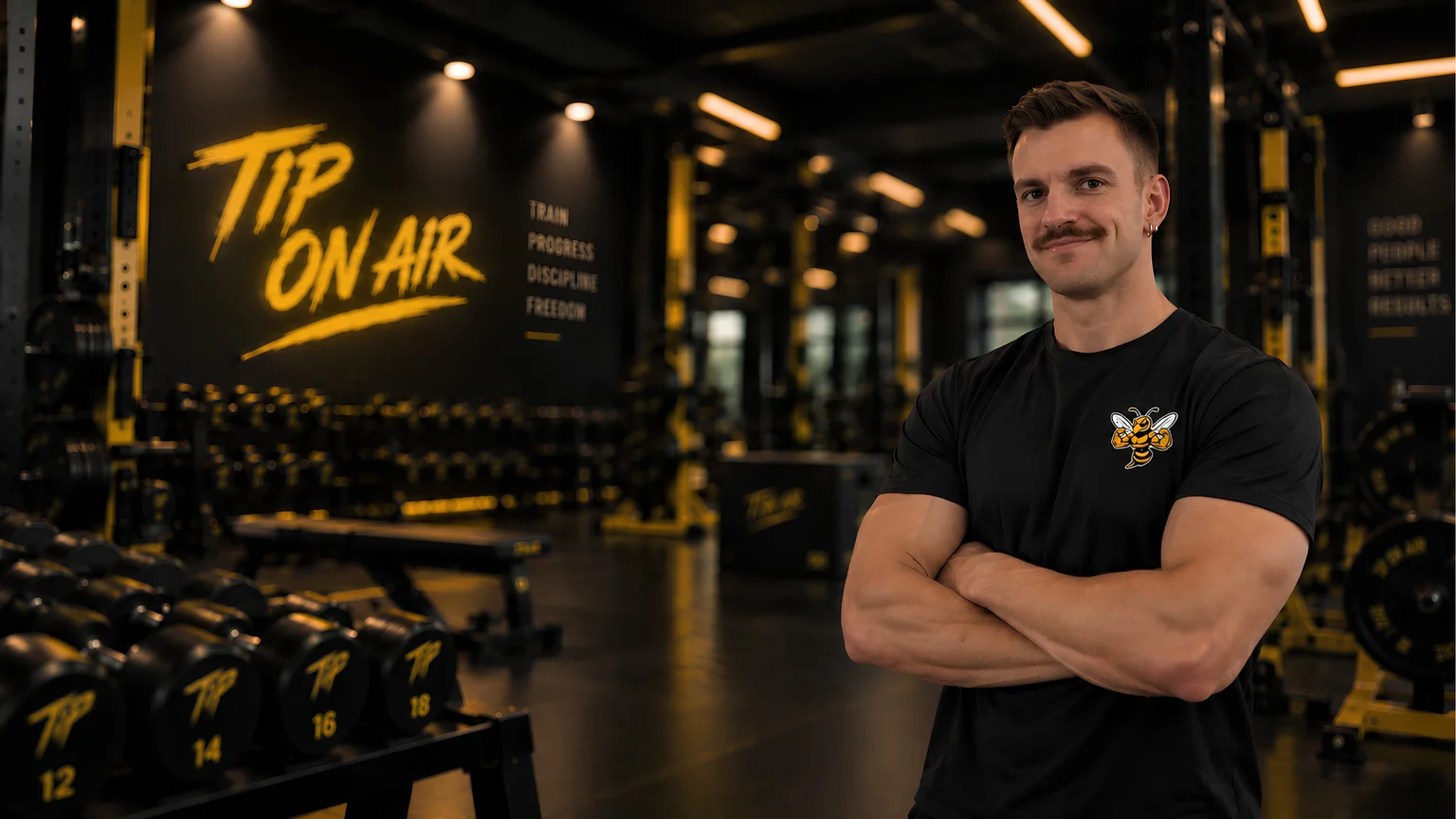 Coach sportif à Besançon, bras croisés, dans une salle de musculation